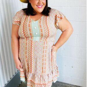 HAPTICS Sage Boho Floral Button Detail V Neck Ruffle Dress 3X